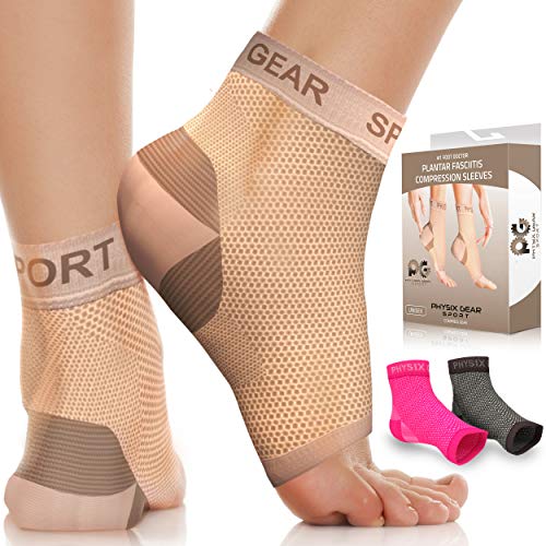 Physix Gear Sport Calcetines fascitis plantar, las mejores medias compresión hombre y mujer para aliviar el dolor de pies, calcetines compresión para mejorar la circulación, 1 par, L/XL, beige