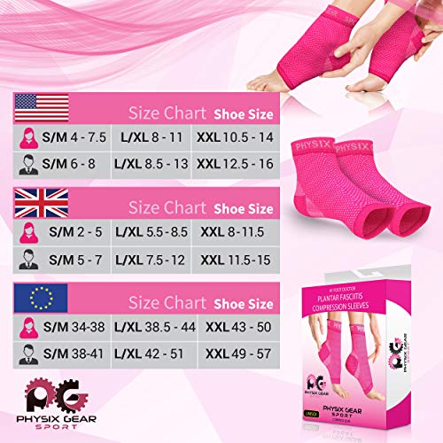 Physix Gear Sport Calcetines fascitis plantar, las mejores medias compresión hombre y mujer para aliviar el dolor de pies, calcetines compresión para mejorar la circulación, 1 par, L/XL, rosa