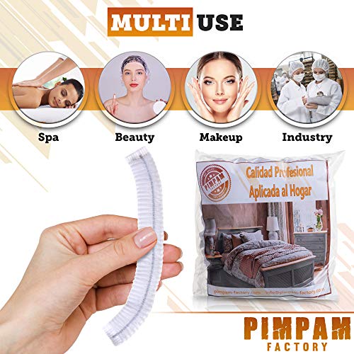 PimPam Factory - Pack de 100 Gorros Protectores Desechables y Elásticos | Fabricado en España | Reciclable | Gorro Transparente | para Peluqueria, Spa, Hotel, Balneario, Ducha | Cómodo para Pelo Largo