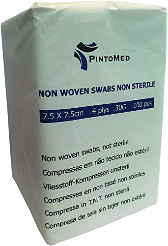 PintoMed - 3 x Pack Compresas Non Esteriles, No Tejidas, TNT, 7,5 cm x 7,5 cm, 100 x 3 = 300 Unidades. Oferta 1 Rollo Venda Cohesiva 7,5cm x 4,5m