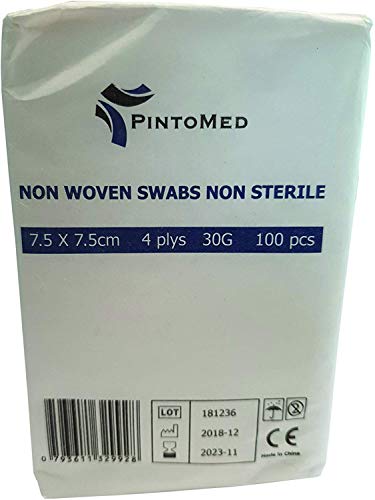 PintoMed - 3 x Pack Compresas Non Esteriles, No Tejidas, TNT, 7,5 cm x 7,5 cm, 100 x 3 = 300 Unidades. Oferta 1 Rollo Venda Cohesiva 7,5cm x 4,5m