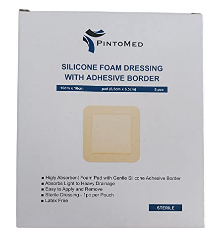 PintoMed - Apósito Estéril Adhesivo de Espuma de Silicona con Borde 10cm x 10cm (almohadilla 6,5cm x 6,5cm) caja de 5 apósitos. Absorbente. Para el tratamiento de heridas crónicas y agudas.