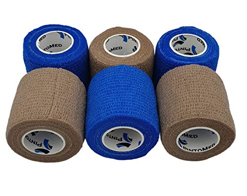 PintoMed Venda Cohesiva 3 x AZUL + 3 X COLOR DE PIEL - 6 rollos - 5 cm x 4,5m. Cinta autoadhesiva elastica y flexible. Esparadrapo deportivo. Vet Wrap. Primeros auxilios y lesiones de los deportes.