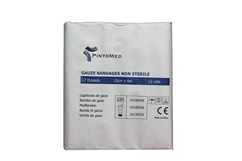 PintoMed - Venda de Gasa Non estéril - 12 rollos - 15cm x 4m - 17 trapos - Vendas ajustables para heridas, Venda médica de primeros auxilios