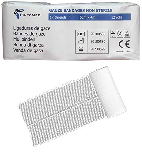 PintoMed - Venda de Gasa Non estéril - 12 rollos - 5cm x 4m - 17 trapos - Vendas ajustables para heridas, Venda médica de primeros auxilios