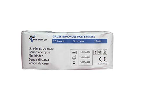 PintoMed - Venda de Gasa Non estéril - 12 rollos - 5cm x 4m - 17 trapos - Vendas ajustables para heridas, Venda médica de primeros auxilios