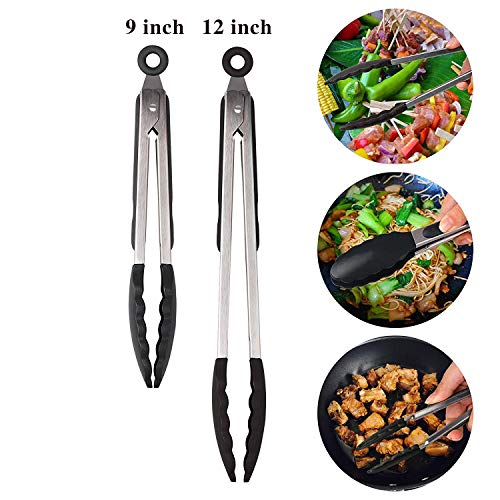 Pinzas de Cocina, GWCLEO Pinzas para Barbacoa en Acero Inox y Silicona, Pinzas para Ensalada y Servir con Consejos sin Rasguños y Mangos de Cojín de Silicona Anti-Deslizante(Negro, 9 y 12 Pulgadas)