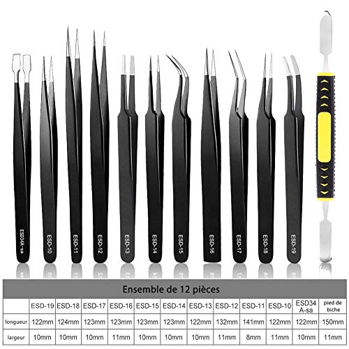 Pinzas de Precisión Kit 12pcs Anti-Estáticas de Acero Inoxidable Pinzas Electronica para Electrónica Trabajo de Laboratorio Maintenance Tools Ceja y Pelo