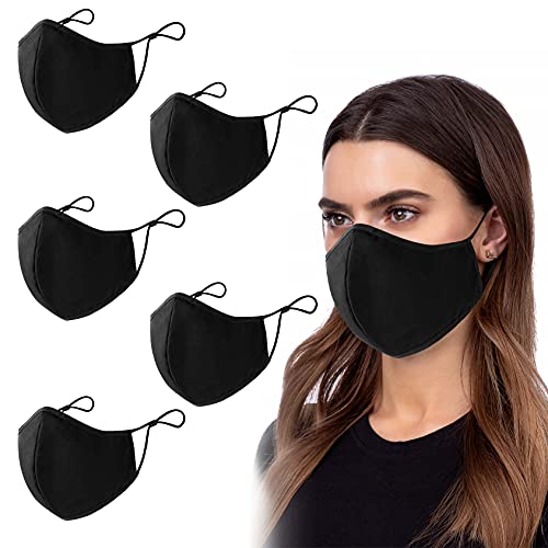 PIPRE Mascarillas Reutilizables de Tela, Pack de 5 Mascarillas de Tela Ajustables con 3 Capas, Lavables Hasta 50 Ciclos | Mascarilla Negra Reutilizable