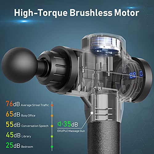 Pistola de Masaje Muscular, Pistola Masaje Masajeadora Muscular EKUPUZ de Tejido Profundo con 30 Niveles Ajustables, 6 Cabezales de Masaje y Pantalla LCD, para Relajación Recuperación Fatiga