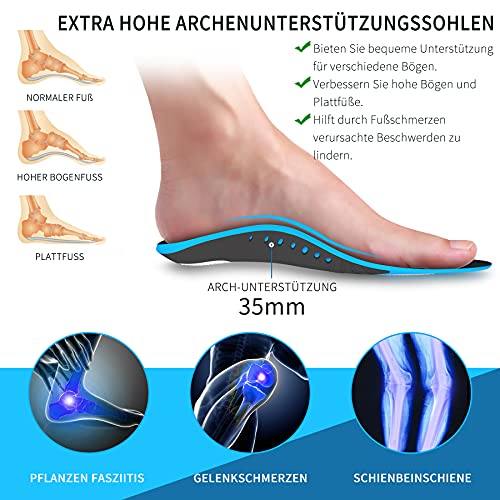 Plantillas Gel Hombre Trabajo, QBK Fascitis Plantar Mujer Plantillas con Soporte de Arco Alto, Almohadilla Metatarsal Adecuado para Caminar, Taloneras Espolon Calcaneo y Hernia Discal, XS