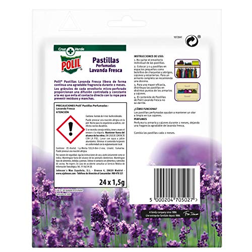 Polil® Pastillas Lavanda Fresca, Perfuma el armario y protege tu ropa, 24 Unidades