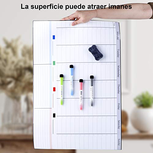 POPRUN 60×40cm Pizarra Planificadora la Semana Magnética la familia, Pizarra Semanal Calendario Magnético para pared, Planificador de Menú, Recordatorio, Lista de la Compra en español