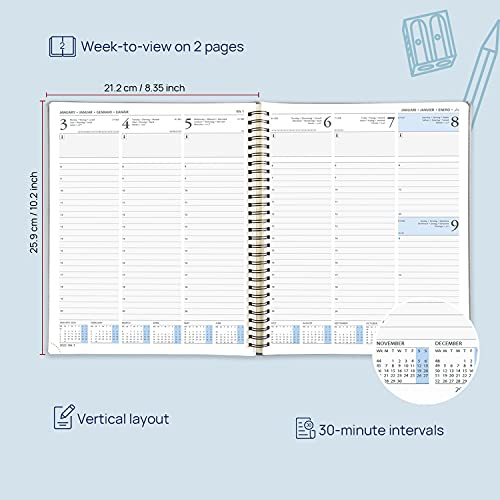 POPRUN Agenda 2022 Semana Vista 21,5 x 26,5 cm - Planificador 2022 Semanal Vertical con Intervalo Horario, Páginas de Nota y Contacto, Tapa Blanda - Azul Marino