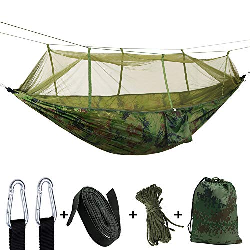 Portátil Hamaca con Mosquitera, Ultraligero Impermeable Nylon Hamacas Colgantes Lona Tienda Tela de picnic, Hamaca Exterior con Correas de los árboles, para camping, senderismo, viaje (Camo)