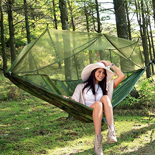 Portátil Hamaca con Mosquitera, Ultraligero Impermeable Nylon Hamacas Colgantes Lona Tienda Tela de picnic, Hamaca Exterior con Correas de los árboles, para camping, senderismo, viaje (Camo)