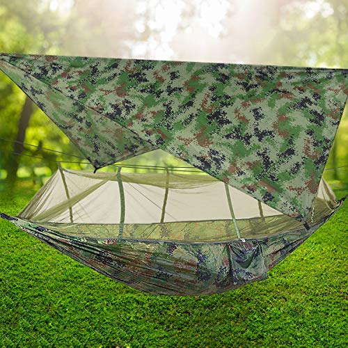 Portátil Hamaca con Mosquitera, Ultraligero Impermeable Nylon Hamacas Colgantes Lona Tienda Tela de picnic, Hamaca Exterior con Correas de los árboles, para camping, senderismo, viaje (Camo)