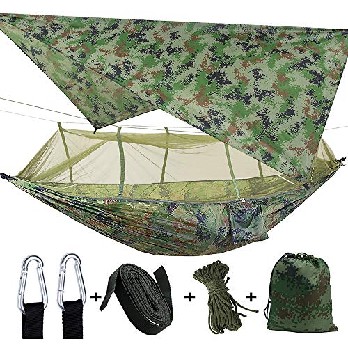 Portátil Hamaca con Mosquitera, Ultraligero Impermeable Nylon Hamacas Colgantes Lona Tienda Tela de picnic, Hamaca Exterior con Correas de los árboles, para camping, senderismo, viaje (Camo)