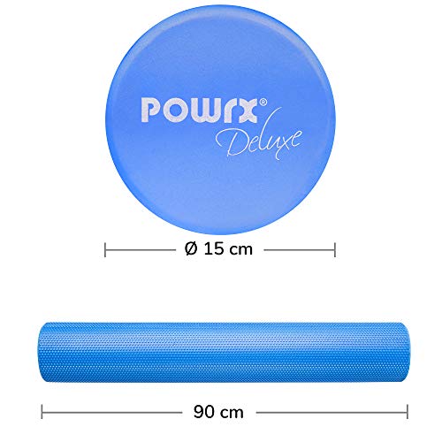 POWRX Rodillo Pilates de Espuma EVA 90 x 15 cm - Foam Roller para Masaje Muscular, Trigger Point y Rehabilitación - Ideal para Entrenamiento en casa y Gimnasio + PDF Workout (BLU)