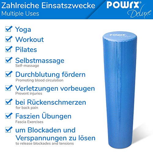 POWRX Rodillo Pilates de Espuma EVA 90 x 15 cm - Foam Roller para Masaje Muscular, Trigger Point y Rehabilitación - Ideal para Entrenamiento en casa y Gimnasio + PDF Workout (BLU)