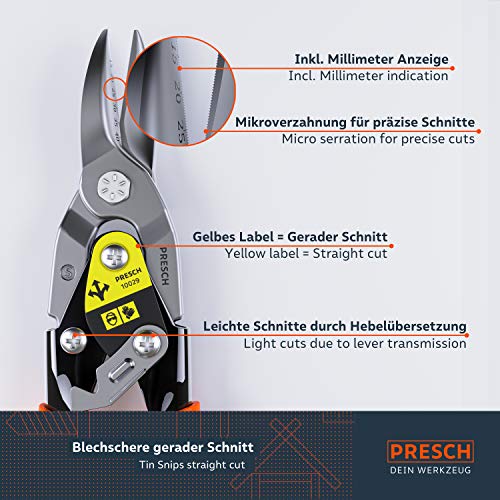 Presch Tijeras Cortachapas Corte Recto - Tijeras Pladur Profesional con Multiplicación para Perfiles en Ángulo C y U, para Cortar Chapa y Mucho Más - Tijera Chapa Corte Recto