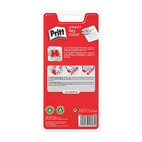 Pritt Roller Compact, corrector roller para tapar errores, correctores de bolígrafo y textos impresos, versátil corrector blanco para frases y letras, 2 x (4,2mm x 10m)