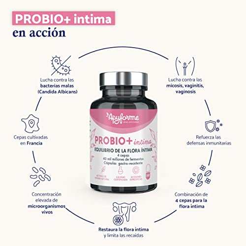 Probio+ Intima - Probióticos Mujer Flora íntima - Hasta 40 Mil Millones de UFC/día - 4 Cepas de Lactobacillus Reuteri, Rhamnosus Crispatus y Acidophilus - 100% Francés