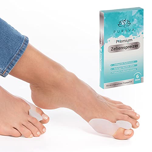 Purava [6x] Separador de Dedos de Pie para Hallux Valgus – Incluye Higiénica Caja de Transporte – Corrector de Juane-tes de Óptima Comodidad – Sin BPA – Talla Universal