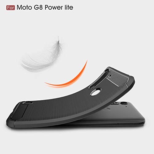 PZEMIN Caso para Motorola Moto G8 Power Lite Funda Silicona TPU Fibra de Carbono Suave Estuche (6.5") + Vidrio Templado Protector de Display Membrana (1 Negro Carcasa,2 Película Protectora)