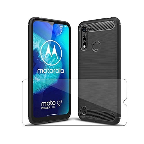 PZEMIN Caso para Motorola Moto G8 Power Lite Funda Silicona TPU Fibra de Carbono Suave Estuche (6.5") + Vidrio Templado Protector de Display Membrana (1 Negro Carcasa,2 Película Protectora)