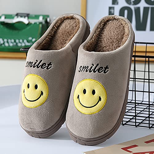 QAZW Retro Smiley Face Zapatillas Fuzzy Fluffy Cute House Home Zapatos Memory Foam Soft Plush Warm Indoor Slides Invierno para Mujeres Hombres Exterior Interior,Brown-40/41EU