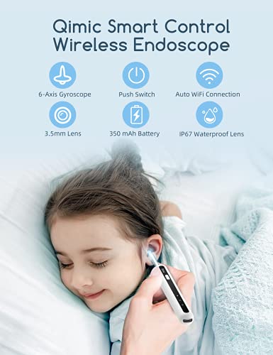 QIMIC Otoscopio 3,5mm WiFi Endoscopio con 6 LED Camara Endoscopica Inalámbrico, Kit de Limpieza de Oídos para Eliminación de Cerumen para iPhone, Tabletas y Android