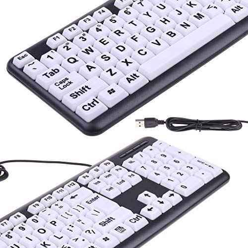 qingqingR USB con Cable para PC Juego de computadora Teclado para Juegos Contraste Alto Letra Grande Teclas Blancas Letra Negra para Personas Mayores Hombres Mayores