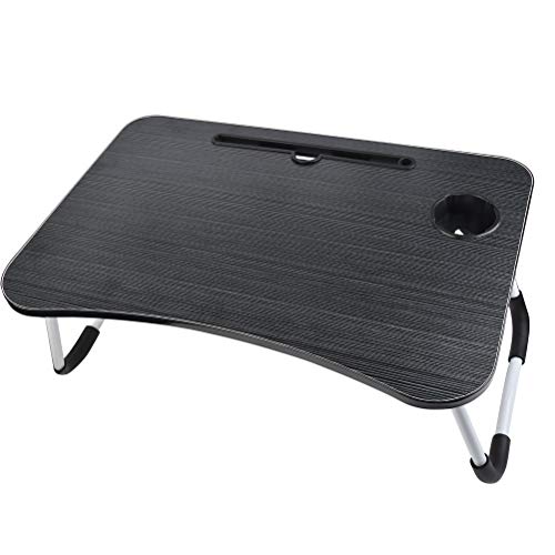 QLOUNI Mesa de Cama de Ordenador Multifunción - Mesa Plegable Portátil con Ranura para Taza y Cajón para Sofá, Cama, Terraza, Balcón, Suelo (Negra)