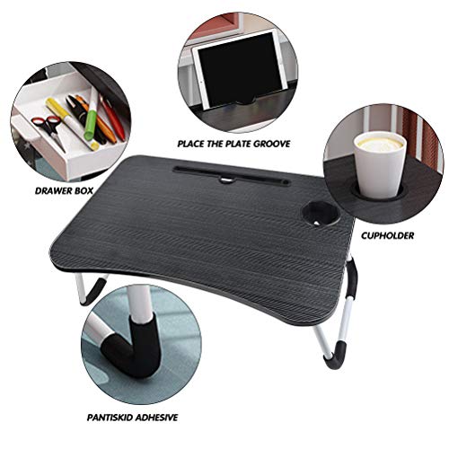 QLOUNI Mesa de Cama de Ordenador Multifunción - Mesa Plegable Portátil con Ranura para Taza y Cajón para Sofá, Cama, Terraza, Balcón, Suelo (Negra)