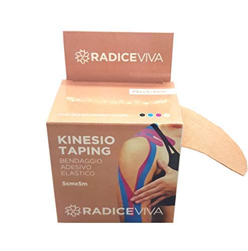 RADICEVIVA Kinesio - Cinta adhesiva elástica muscular para kinesiotherapy, 5 cm x 5 m, con instrucciones de uso (idioma español no garantizado), ideal para atletas y deportes (color piel)