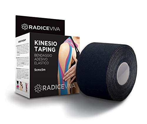 RADICEVIVA Kinesio Taping-Cinta adhesiva elástica muscular para kinesiotherapy,5 cm x 5 m,descargable con instrucciones de uso(idioma español no garantizado),ideal para atletas y deportes(color negro)