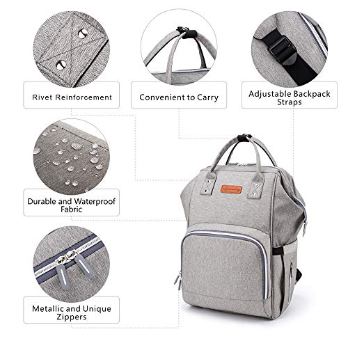 Ramotto Mochila de Pañales, Bolsa de Pañales Multifuncional de Gran Capacidad, Bolsos Cambiadores Pañales con USB Puerto de Carga 2 Ganchos de Cochecito y Bolsa de Preservación de Calor (Gris)