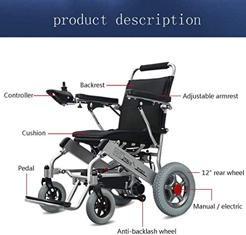 RDJM Silla de Ruedas eléctrica de Aluminio Plegable, para Personas Mayores y discapacitadas