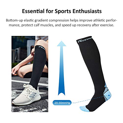 REEHUT Calcetines de Compresión Mujer y Hombre para Sport, Running, Correr, Enfermera, Medias, Atlético, Edema, Viaje Elásticos Transpirables y Resistentes (20-30mmHg), 2 Pares - Azul-S/M