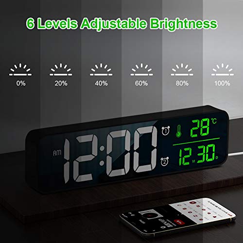 Reloj Despertador Digital, Reloj de Pared con Temperatura Tiempo Fecha, 10" Gran Pantalla LED Espejo Reloj Digital con 2 Alarma 40 Música 6 Niveles de Brillo USB Puerto, Negro