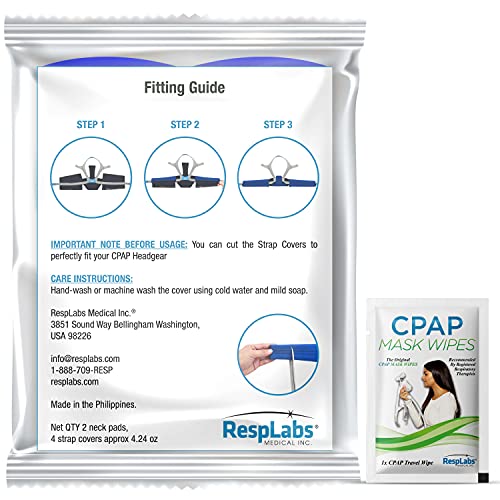 RespLabs CPAP cuello Pad - Paquete de 2, reutilizable Comfort Fleece con 4 cubiertas CPAP Correa - Incluye 2 toallitas de viaje CPAP y libro electrónico CPAP Comfort Hacks.