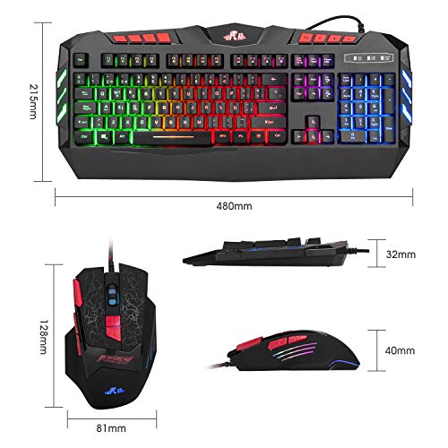 Rii RK900+ Teclado Gaming con sensibilidad mecánica Completo,Combo de Teclado y ratón con Cable,Diseño Gaming Multicolor retroiluminado,Especial para Gamers.