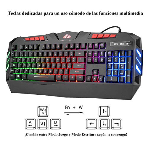 Rii RK900+ Teclado Gaming con sensibilidad mecánica Completo,Combo de Teclado y ratón con Cable,Diseño Gaming Multicolor retroiluminado,Especial para Gamers.