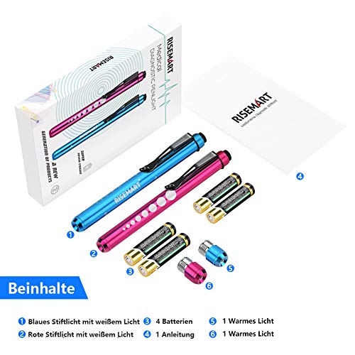 RISEMART - Luz de diagnóstico para pupila, luz de bolígrafo médica, 2 unidades, reutilizable, LED, con clip de bolsillo, para enfermeras, médicos, estudiantes, bolígrafo con pilas (rojo y azul)