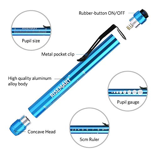 RISEMART - Luz de diagnóstico para pupila, luz de bolígrafo médica, 2 unidades, reutilizable, LED, con clip de bolsillo, para enfermeras, médicos, estudiantes, bolígrafo con pilas (rojo y azul)