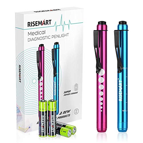 RISEMART - Luz de diagnóstico para pupila, luz de bolígrafo médica, 2 unidades, reutilizable, LED, con clip de bolsillo, para enfermeras, médicos, estudiantes, bolígrafo con pilas (rojo y azul)