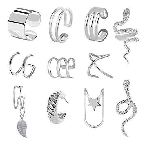 Rlbytia 8-12pcs Ear Cuff Clip de Oreja Puño de Wrap Acero Inoxidable Plata Clip Falso Pendientes Diamante Serpiente Corazón No Piercing Cartílago Cuff Faux Joyas