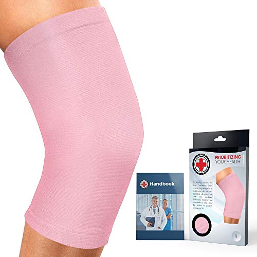 Rodillera Compresión Desarrollada por Médicos - Alivio Dolor Articular,Tendinitis, Artritis Reumatoide - Ideal Running Crossfit Powerlifting - Incluye Libro Manual Escrito por Médico - Rosa Talla L