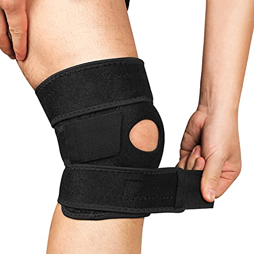 Rodillera redonda con estabilizadores laterales, soporte y tres tiras de correas mágicas ajustables, soporte para menisco, rodilla con orificio para deporte, baloncesto, correr, escalada